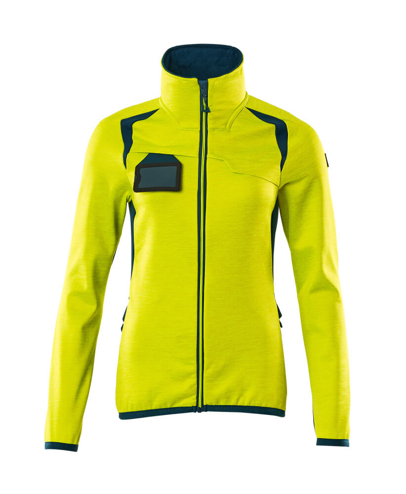MASCOT® ACCELERATE SAFE Fleecejacke in Damenpassform, zweifarbige Warnschutzjacke in Hi-vis Gelb/Dunkelpetroleum mit durchgehendem Reißverschluss und Brusttasche, Größe 2XL