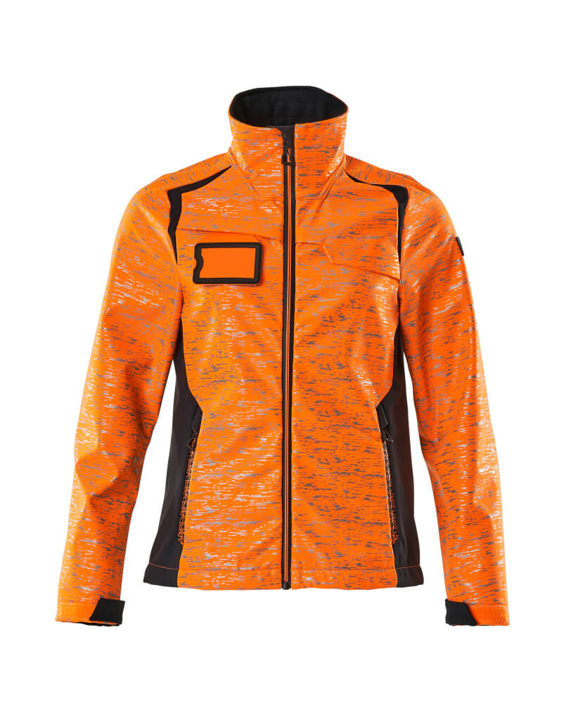 MASCOT® ACCELERATE SAFE Softshelljacke in Hi-Vis Orange/Schwarzblau für Damen, taillierte Passform, zweifarbig mit Reflexeffekten, wasserdichtem Frontreißverschluss, Stehkragen und praktischen Reißverschlusstaschen für Warnschutz bei der Arbeit