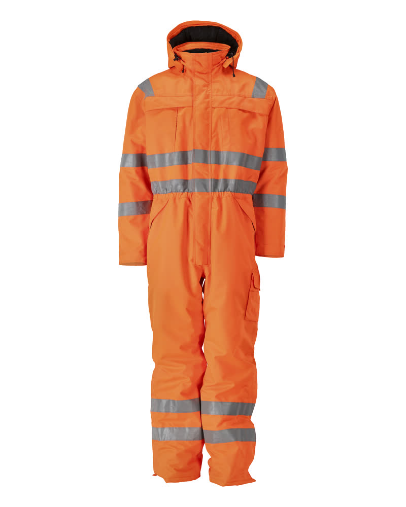 MASCOT® Tombos SAFE ARCTIC Winteroverall in fluoreszierendem Hi-Vis Orange mit Reflexstreifen, gefütterter, abnehmbarer Kapuze und wetterfestem Zwei-Wege-Reißverschluss