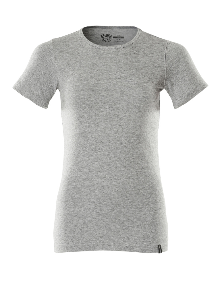 Figurnah geschnittenes Damen T-Shirt in Grau meliert mit Rundhalsausschnitt und kurzen Ärmeln, frontal freigestellt