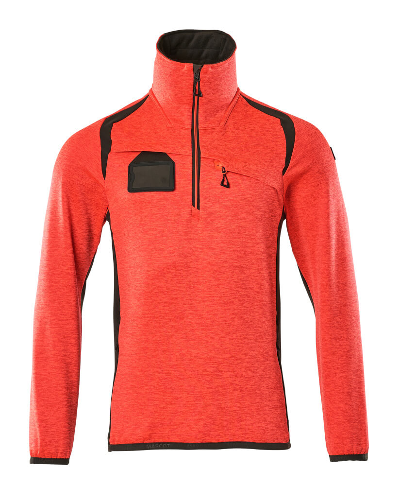 Roter langärmliger Arbeits-Sweatshirt mit hohem Kragen, halbem Reißverschluss und Ausweistasche auf der Brust