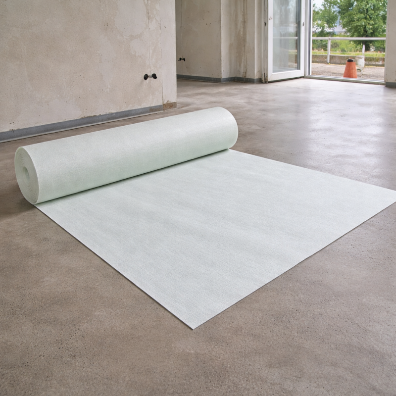 Ausgerollte Bahn Trittschalldämmung als Unterlage auf Betonboden in leerem Raum