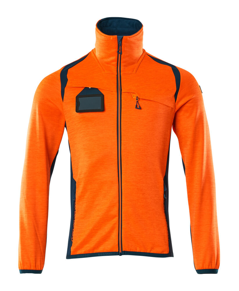 MASCOT® ACCELERATE SAFE Fleecejacke in Hi-Vis Orange/Dunkelpetroleum, zweifarbige Warnschutz-Fleecejacke mit Frontreißverschluss und Brusttasche, Größe 2XL