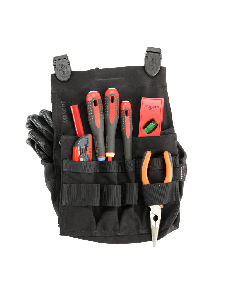 Schwarze MASCOT® CUSTOMIZED Hängetasche für Handwerker mit Click Pocket System, zwei großen Taschen, mehreren kleinen Fächern und Schlaufen, bestückt mit Beispielwerkzeug