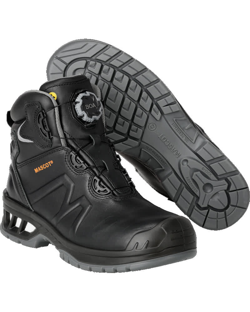 Schwarzer MASCOT® FOOTWEAR ENERGY Sicherheitsstiefel mit BOA® Fit System, Komposit-Zehenkappe, MASCOLAYER® Durchtrittschutz und rutschfester, hitzebeständiger PU/PU-Sohle