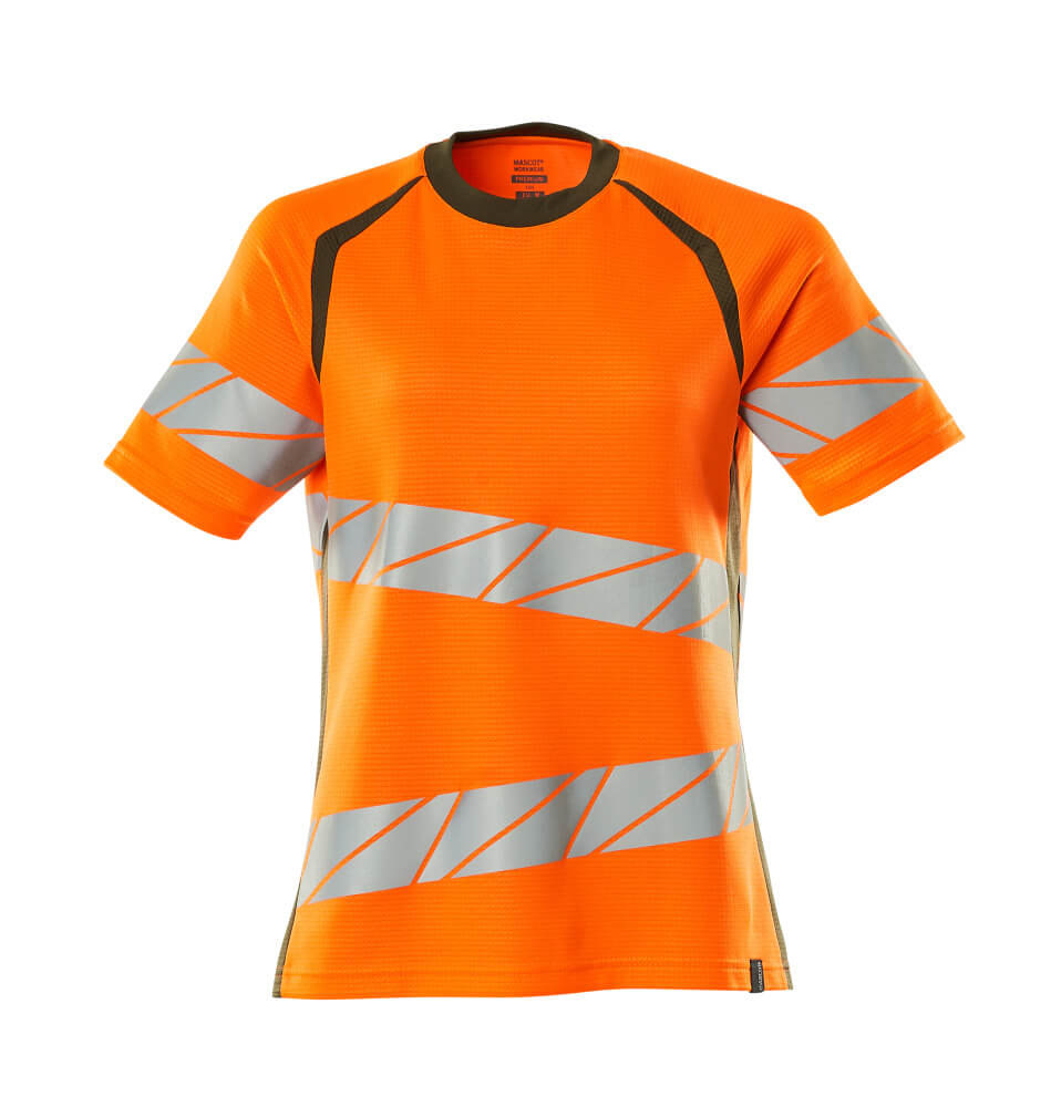 MASCOT® ACCELERATE SAFE T-Shirt für Damen, zweifarbige Warnschutzbekleidung in Hi-Vis Orange/Moosgrün 2XLONE mit reflektierenden Streifen vorne