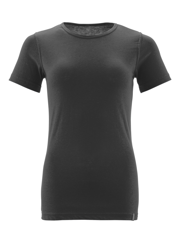 Vorderansicht eines schwarzen Damen T-Shirts mit Rundhalsausschnitt und kurzen Ärmeln, leichte taillierte Passform