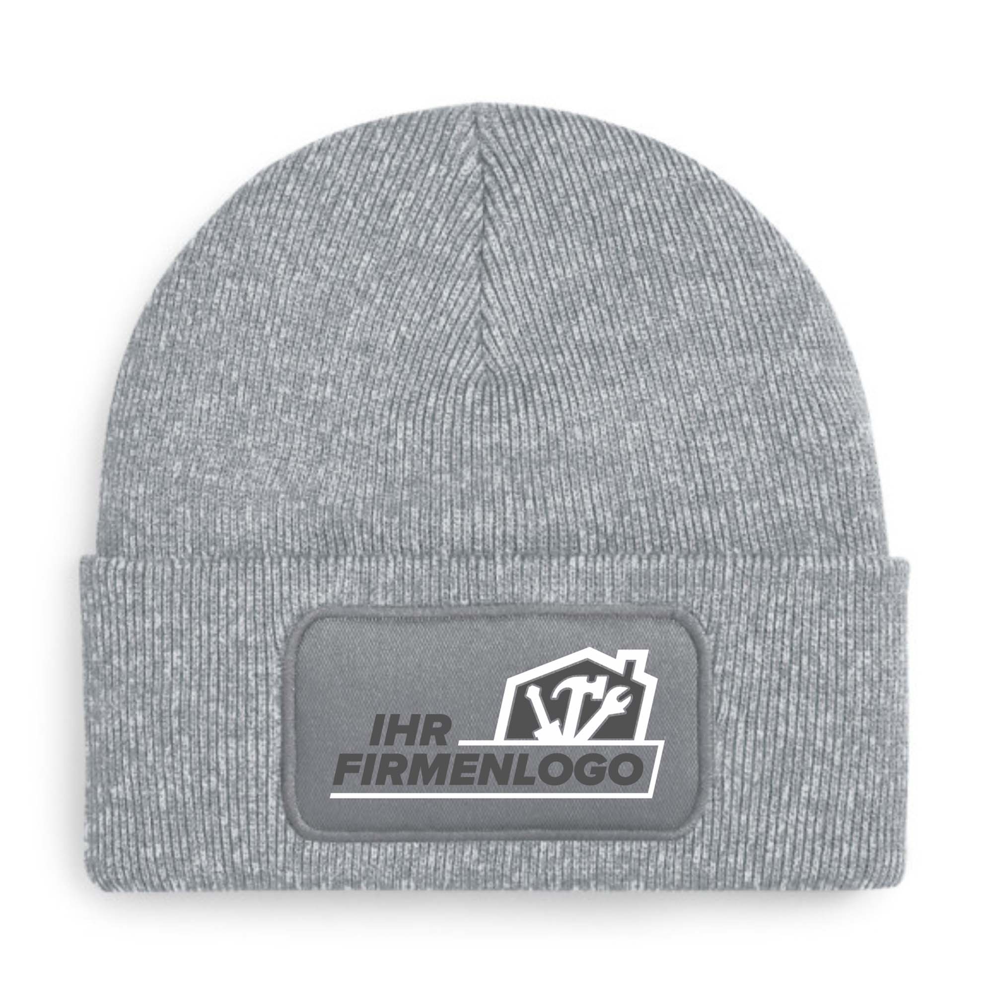 Graue Handwerker Beanie Wintermütze mit Kundenlogo-Patch