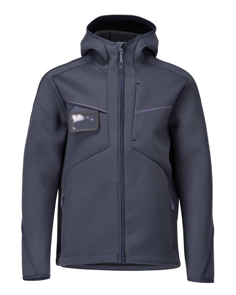 MASCOT® CUSTOMIZED Softshelljacke mit eng anliegender Kapuze in Schwarzblau, atmungsaktiv, wasser- und schmutzabweisend, mit Reißverschlusstaschen und abnehmbarem ID-Kartenhalter