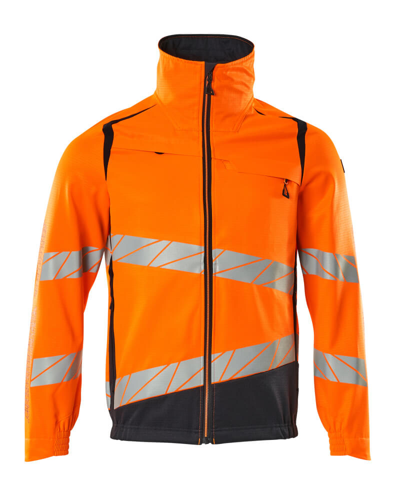 MASCOT® ACCELERATE SAFE Jacke, fluoreszierende zweifarbige Warnschutzjacke in Hi-Vis Orange/Schwarzblau 2XL mit schrägen Reflexstreifen, Stretch-Einsätzen, Stehkragen und Reißverschluss für hohe Sichtbarkeit im Arbeitseinsatz