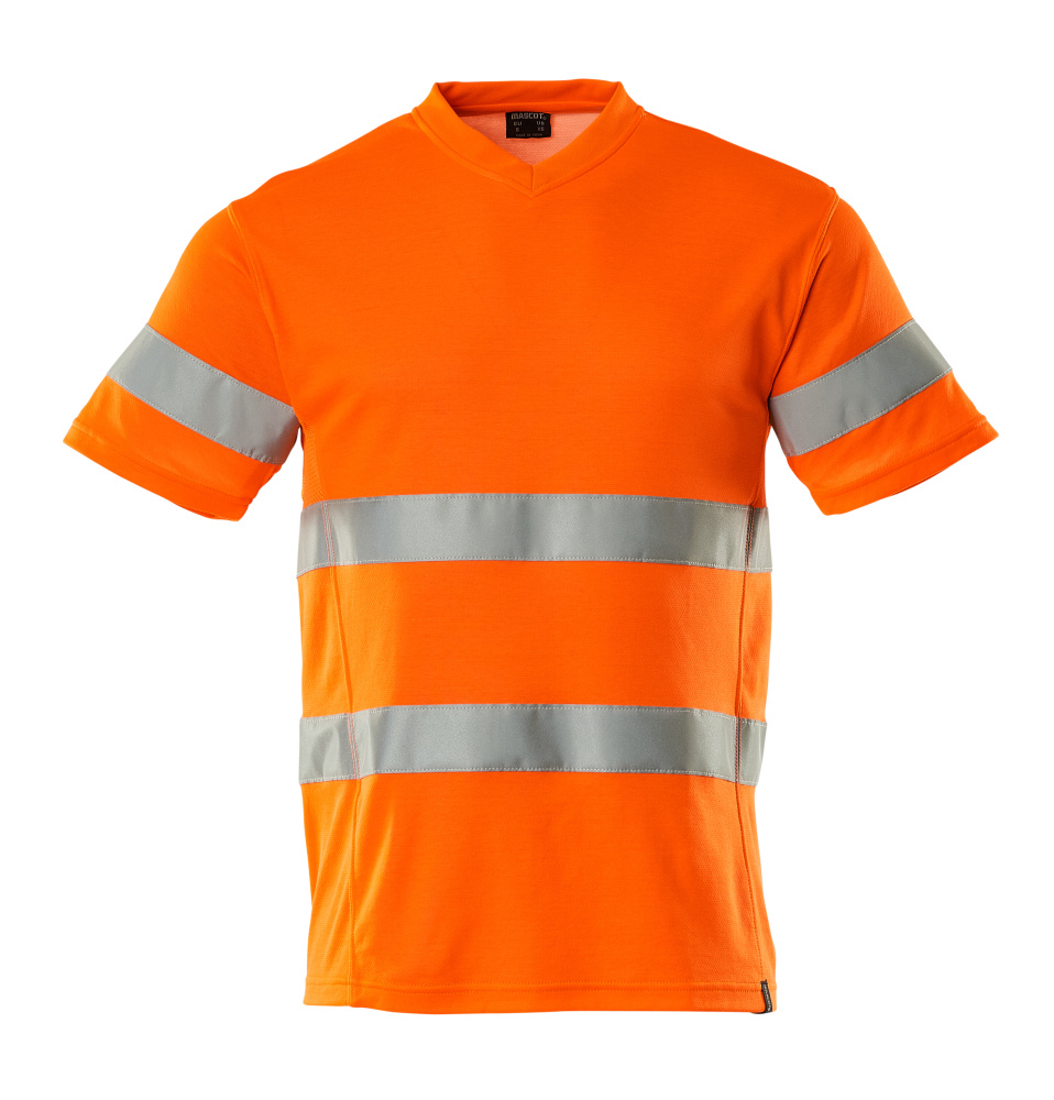 MASCOT® SAFE CLASSIC T-Shirt in fluoreszierendem Hi-Vis Orange, einfarbig mit elastischen Reflexstreifen, moderner Passform und V-Ausschnitt, Größe 2XL