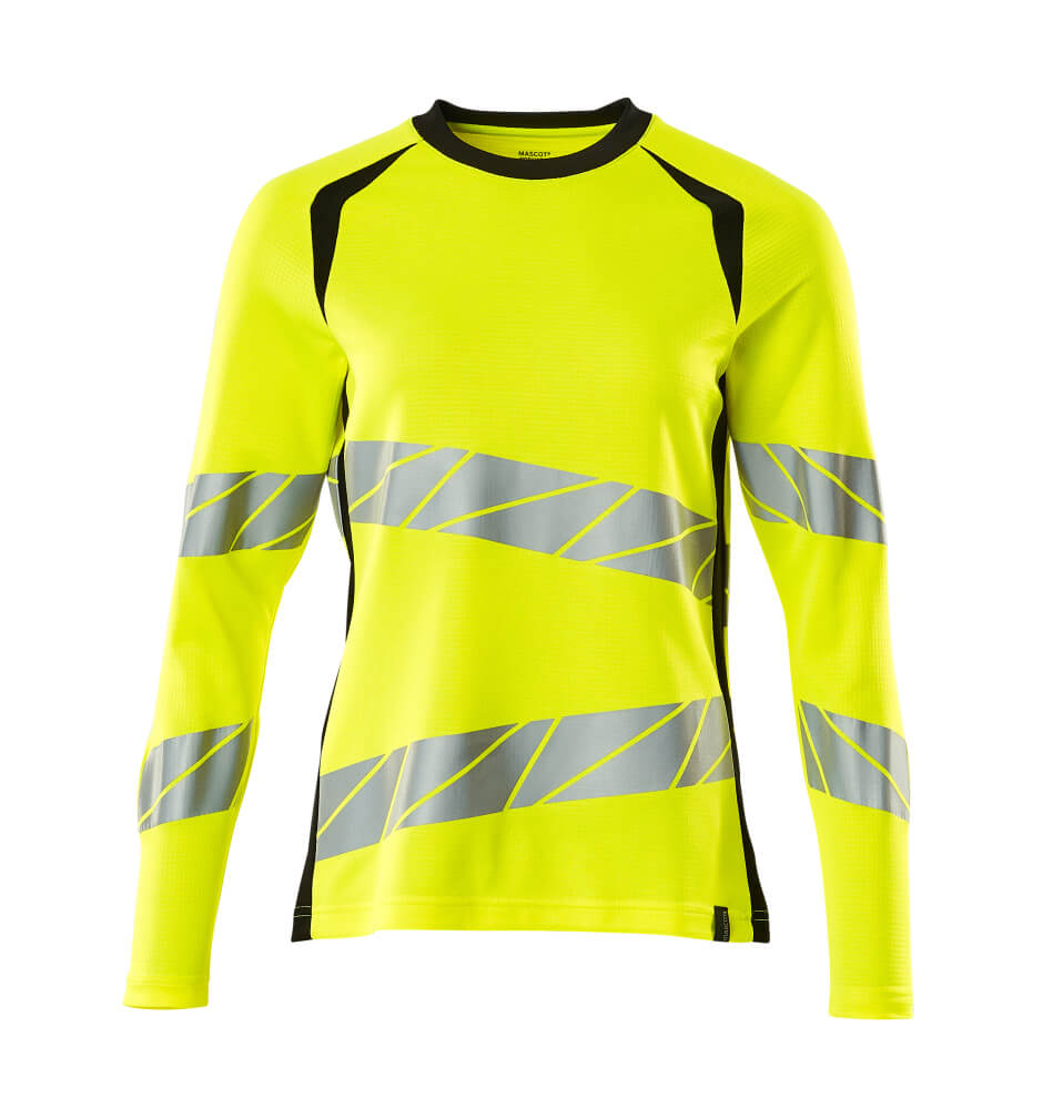 MASCOT® ACCELERATE SAFE Langarmshirt in Damenpassform, zweifarbige Warnschutzbekleidung in Hi-Vis Gelb/Schwarz mit reflektierenden Streifen, Größe 2XL
