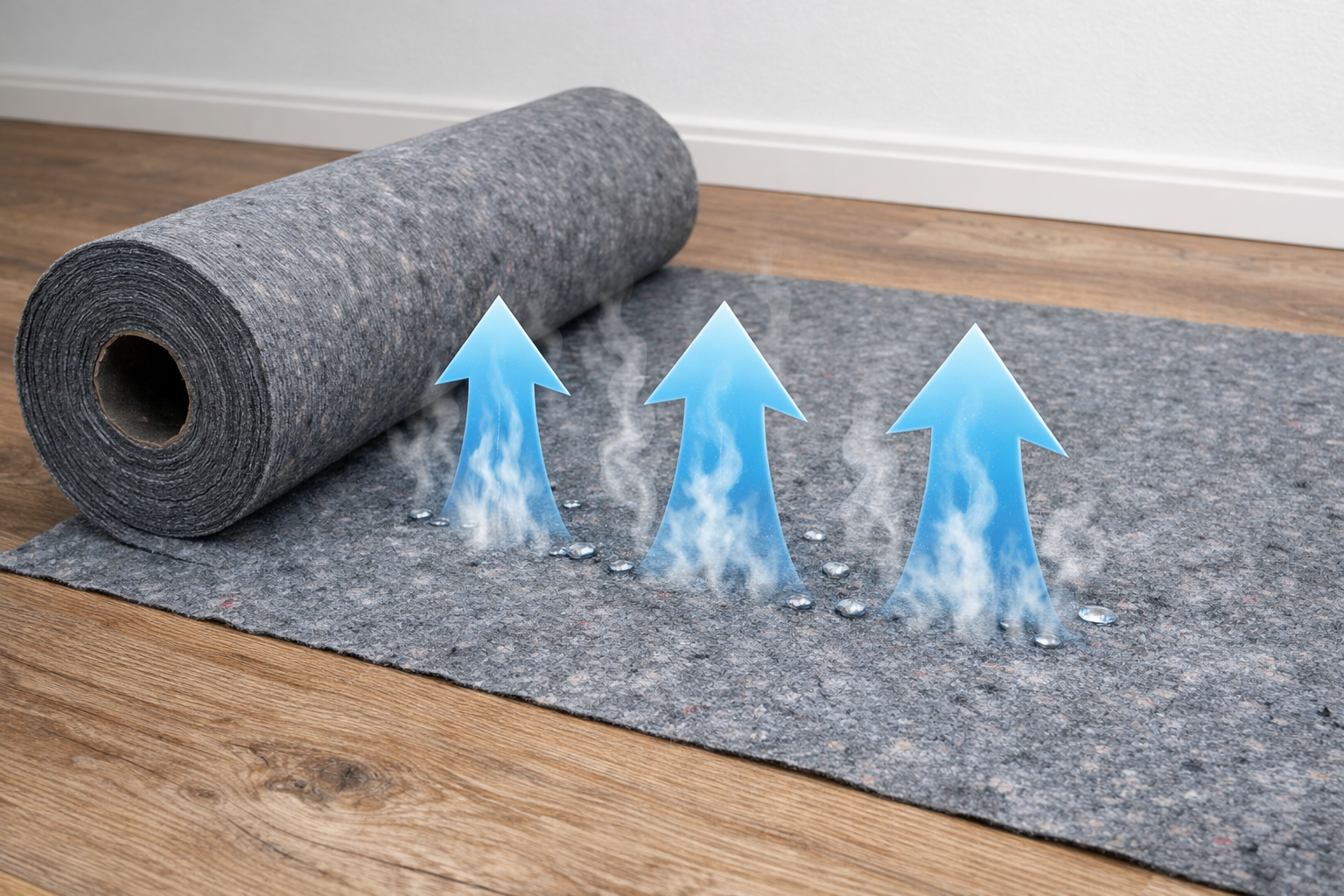 Rolle einer grauen Dampfsperre-Unterlage auf Holzboden mit Symbolpfeilen für aufsteigende Feuchtigkeit als atmungsaktive Trittschalldämmung
