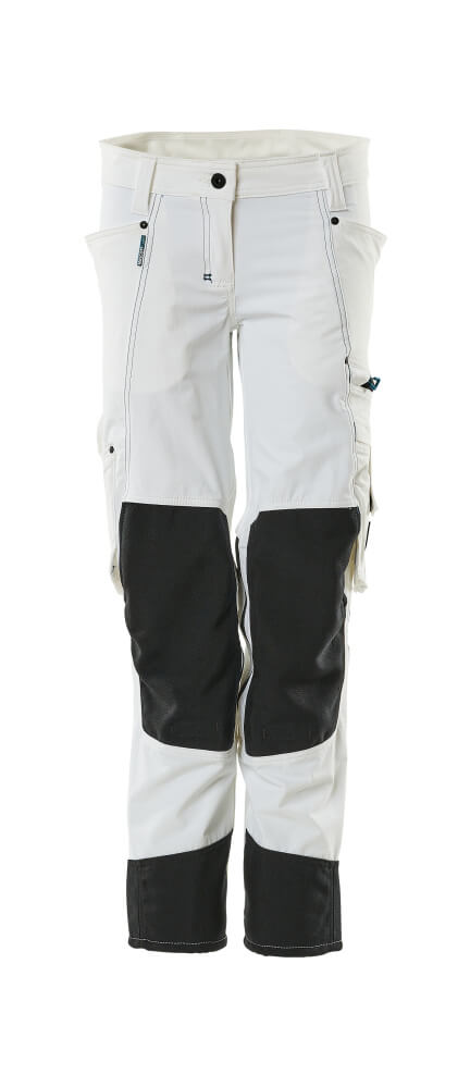 MASCOT® ADVANCED Damen-Arbeitshose Pearl Fit in Weiß mit schwarzen Knietaschen, elastischem Stretchgewebe und ergonomisch geformten Beinen