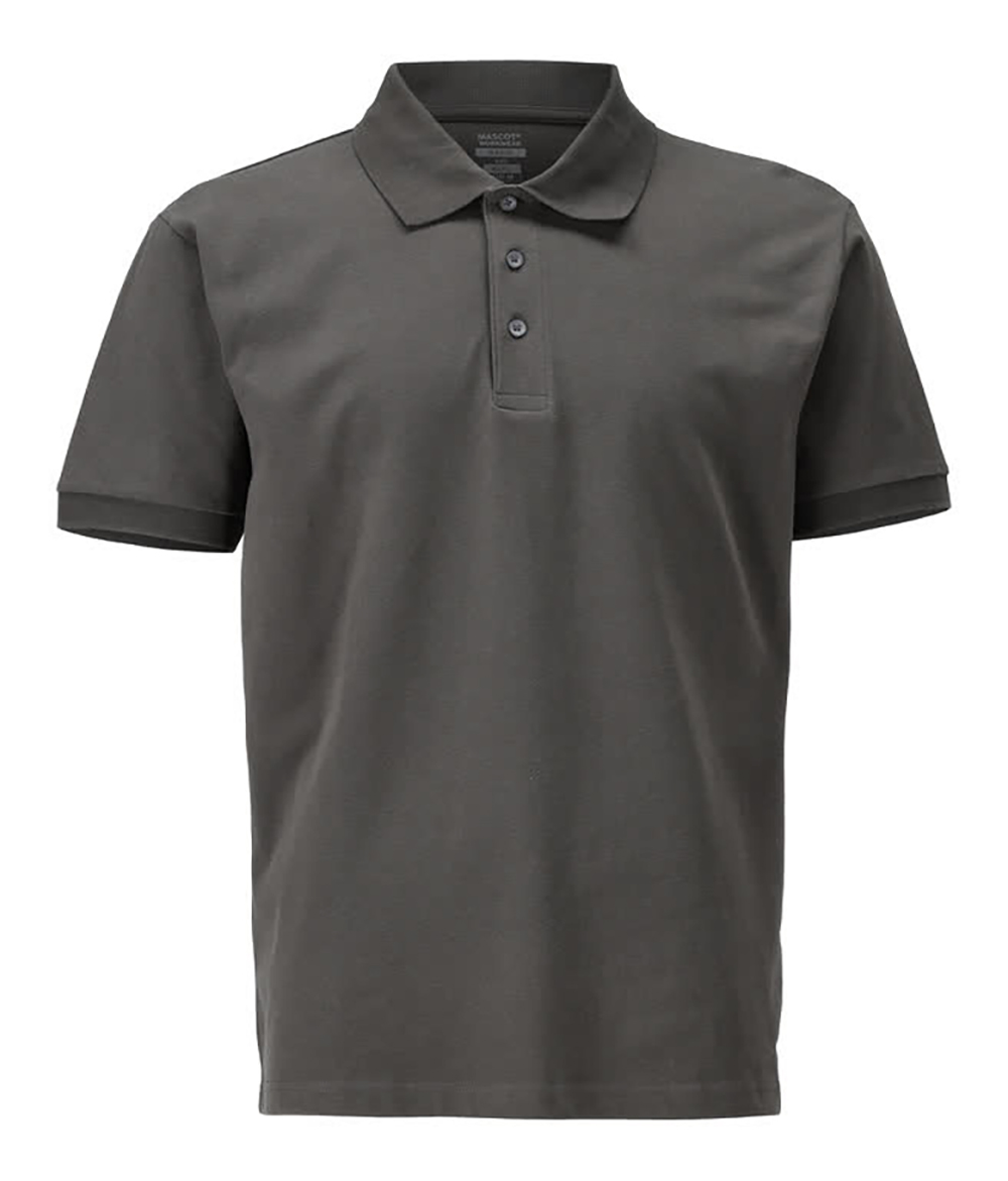 Vorderansicht eines dunkelgrauen Kurzarm-Poloshirts für Herren mit klassischem Kragen und dreiknöpfiger Knopfleiste