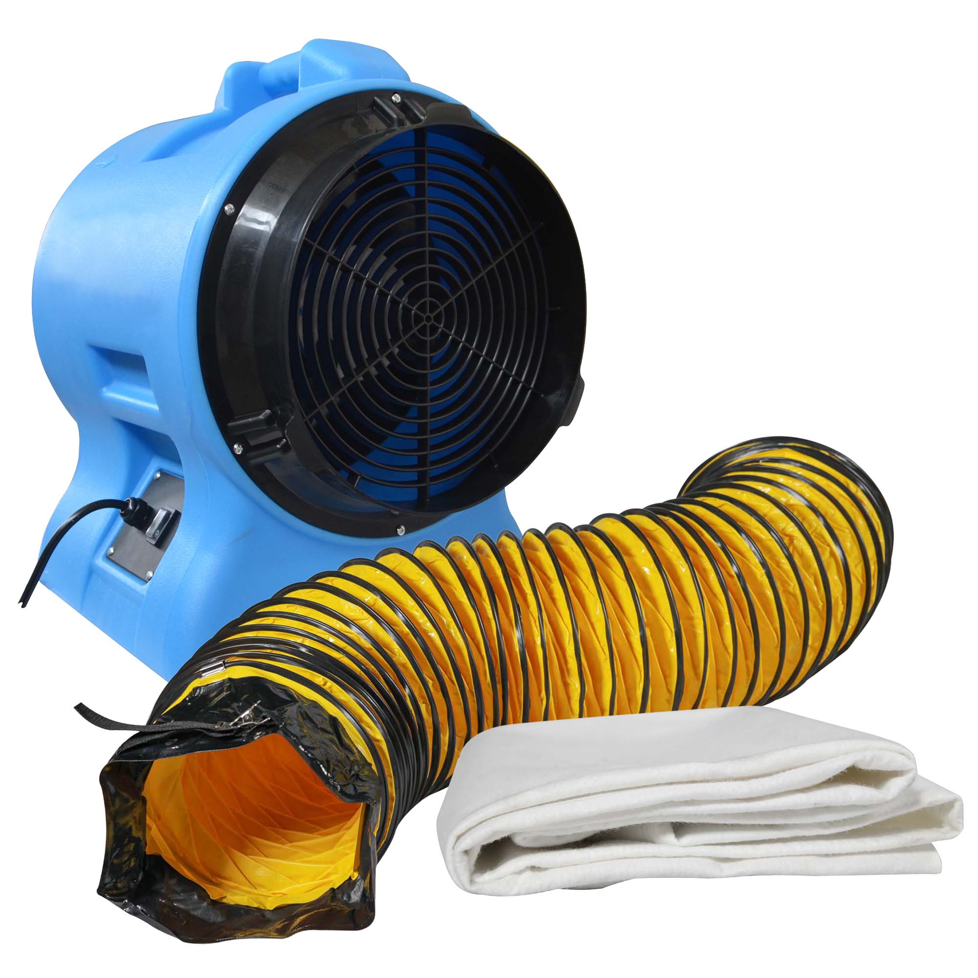 Zero Dust Axiallüfter Staubabsaugung S3500 als Turbo-Ventilator Set mit gelbem Ansaugschlauch und weißem Staubfangsack für Baustaubfilterung