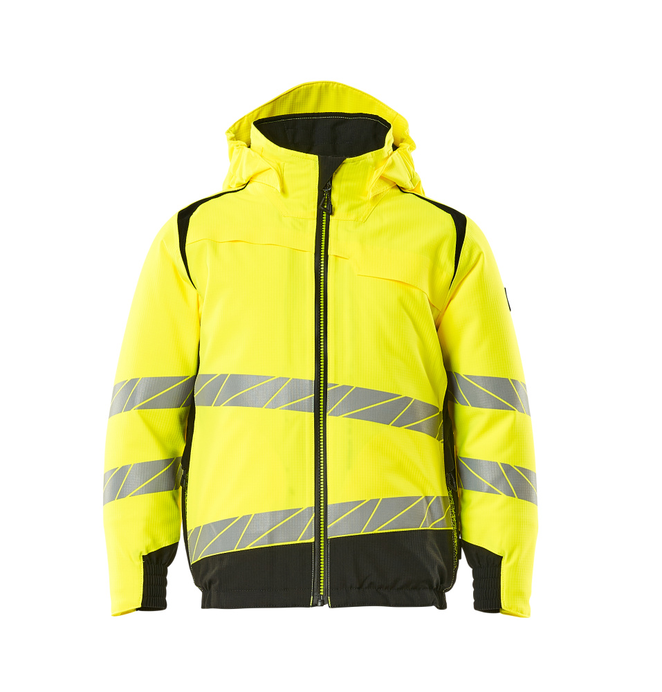 MASCOT® ACCELERATE SAFE zweifarbige Winterjacke für Kinder in Hi-Vis Gelb/Schwarz mit schrägen Reflexstreifen, abnehmbarer Kapuze und CLIMASCOT®-Isolierung, atmungsaktiv, wind- und wasserdicht