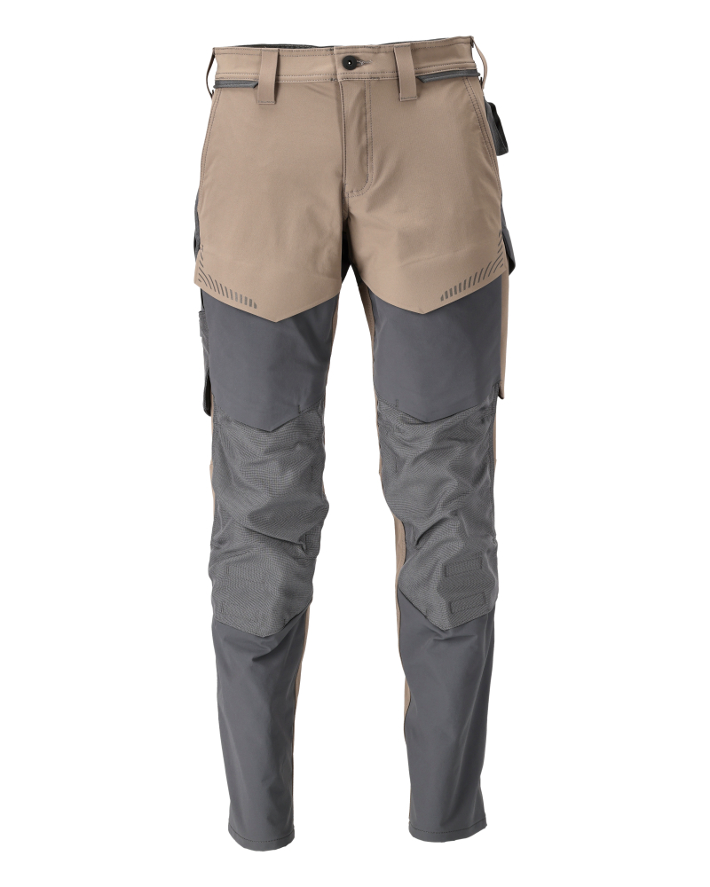 Frontansicht der MASCOT® CUSTOMIZED Arbeitshose mit Knietaschen, robustem Material und ergonomisch vorgeformten Knien in Weiß/Anthrazitgrau, Größe 82C62