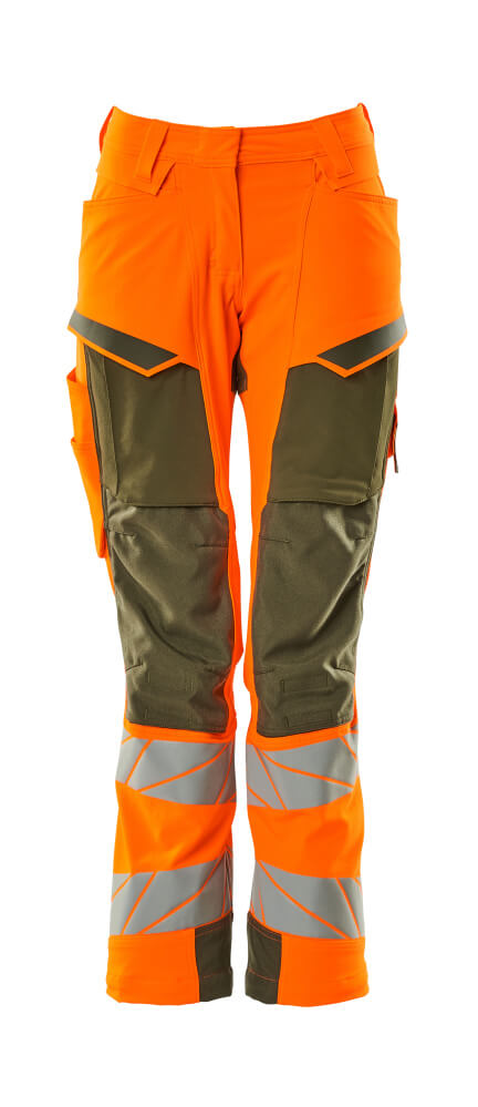 MASCOT® ACCELERATE SAFE Warnschutz-Hose mit Knietaschen, Damenpassform, zweifarbig in Hi-vis Orange/Dunkeloliv mit Reflexstreifen, Modell 76C54