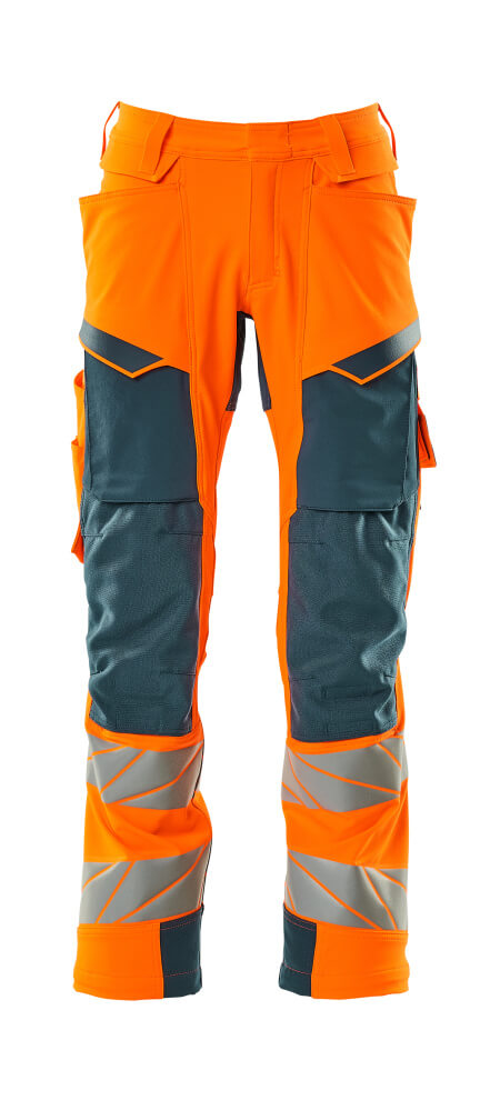 MASCOT® ACCELERATE SAFE Warnschutzhose mit Knietaschen, zweifarbig in Hi-Vis Orange/Dunkelpetroleum mit Reflexstreifen, Modell 76C46