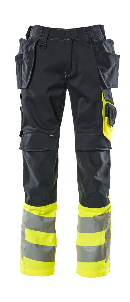 MASCOT® SAFE SUPREME zweifarbige Warnschutzhose mit CORDURA® Hängetaschen, ergonomischen Beinen und Reflexstreifen in Schwarzblau/Hi-vis Gelb