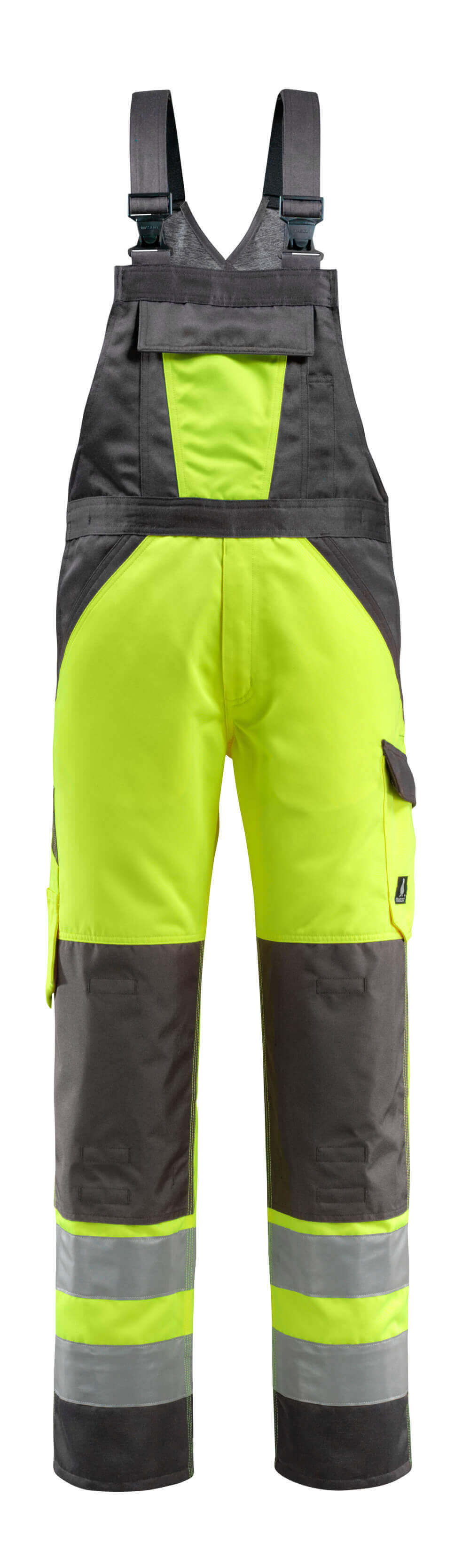 Vordere Ansicht der MASCOT® Gosford SAFE LIGHT Latzhose mit Knietaschen, zweifarbige Warnschutzlatzhose in hi-vis Gelb/Dunkelanthrazit mit Reflexstreifen, Größe 82C66