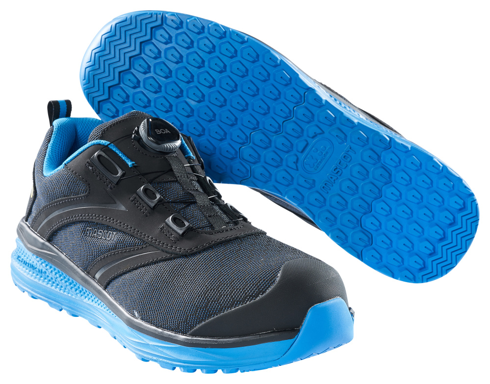 MASCOT® FOOTWEAR CARBON Sicherheitsschuhe, Modell 1036, in Schwarz/Kornblau mit rutschhemmender blauer Sohle und BOA-Verschluss, Seiten- und Sohlenansicht