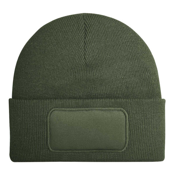 Olivgrüne Beanie-Mütze mit breitem Umschlag und Patch