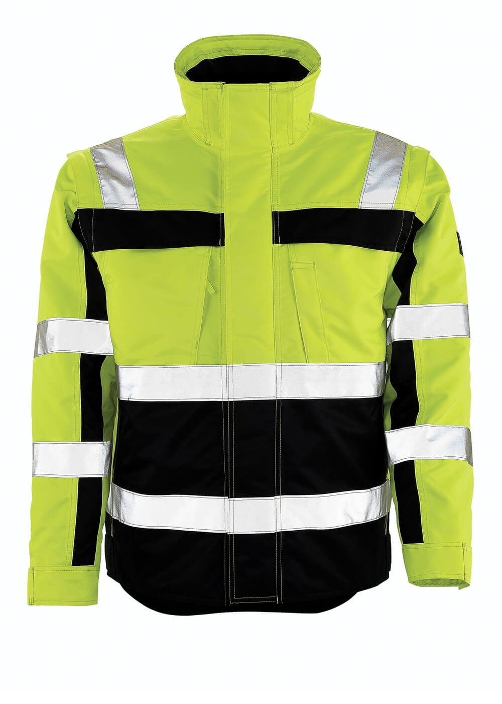 Vorderansicht der MASCOT® Loreto SAFE COMPETE Winterjacke in Hi-Vis Gelb/Marine, zweifarbige Winterwarnschutzjacke mit reflektierenden Streifen in Größe 2XL