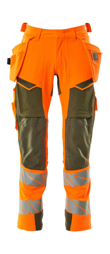MASCOT® ACCELERATE SAFE Hose mit Hängetaschen, zweifarbige Warnschutz-Arbeitshose in Hi-Vis Orange/Dunkelpetroleum mit Reflexstreifen und robusten Knieverstärkungen