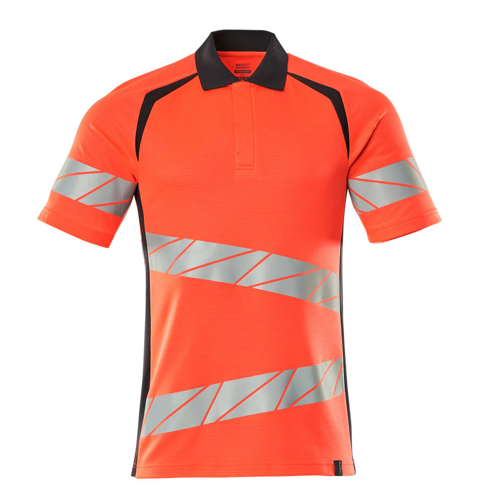 MASCOT® ACCELERATE SAFE Polo-Shirt, zweifarbige Warnschutzbekleidung in Hi-vis Rot/Schwarzblau mit reflektierenden Streifen, Größe 2XL