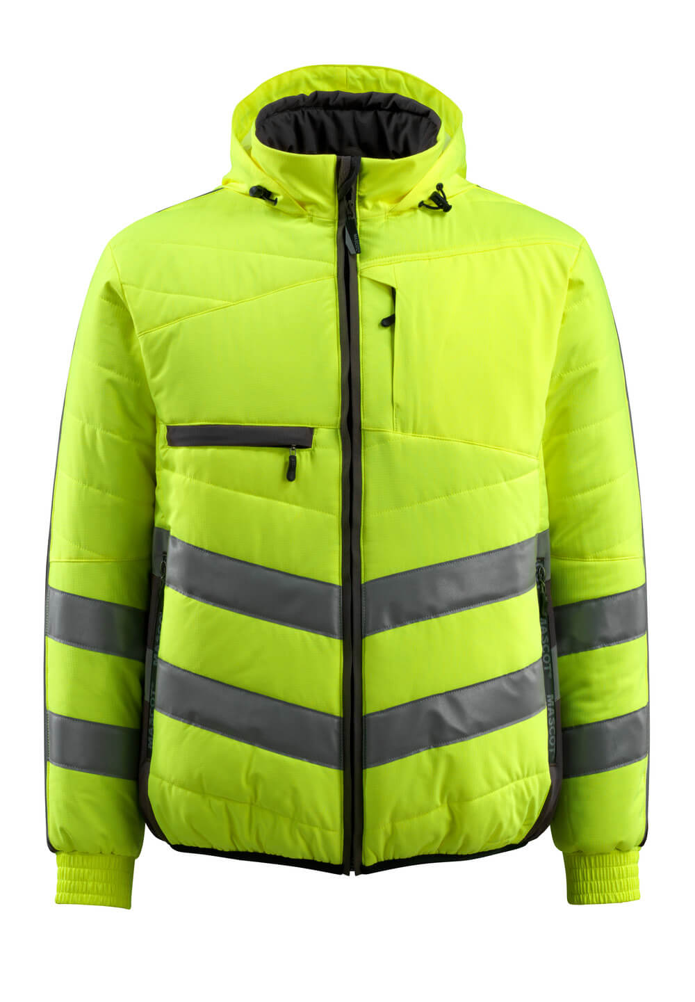 Frontansicht der MASCOT® Dartford SAFE SUPREME Winterwarnschutzjacke in Hi-vis Gelb/Schwarz, Größe 2XL, mit reflektierenden Streifen und Kapuze