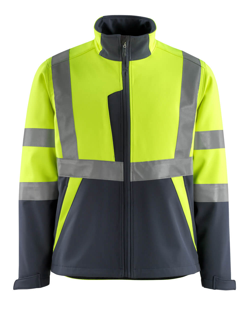 MASCOT® Kiama SAFE LIGHT Softshelljacke, zweifarbige Winterwarnschutzjacke in Hi-vis Gelb/Schwarzblau 2XL mit reflektierenden Streifen vorne