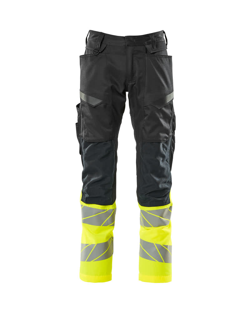 MASCOT® ACCELERATE SAFE Arbeitshose mit Knietaschen, zweifarbige Warnschutzbekleidung in Schwarzblau/Hi-vis Design mit Reflexstreifen, Größe 82C66