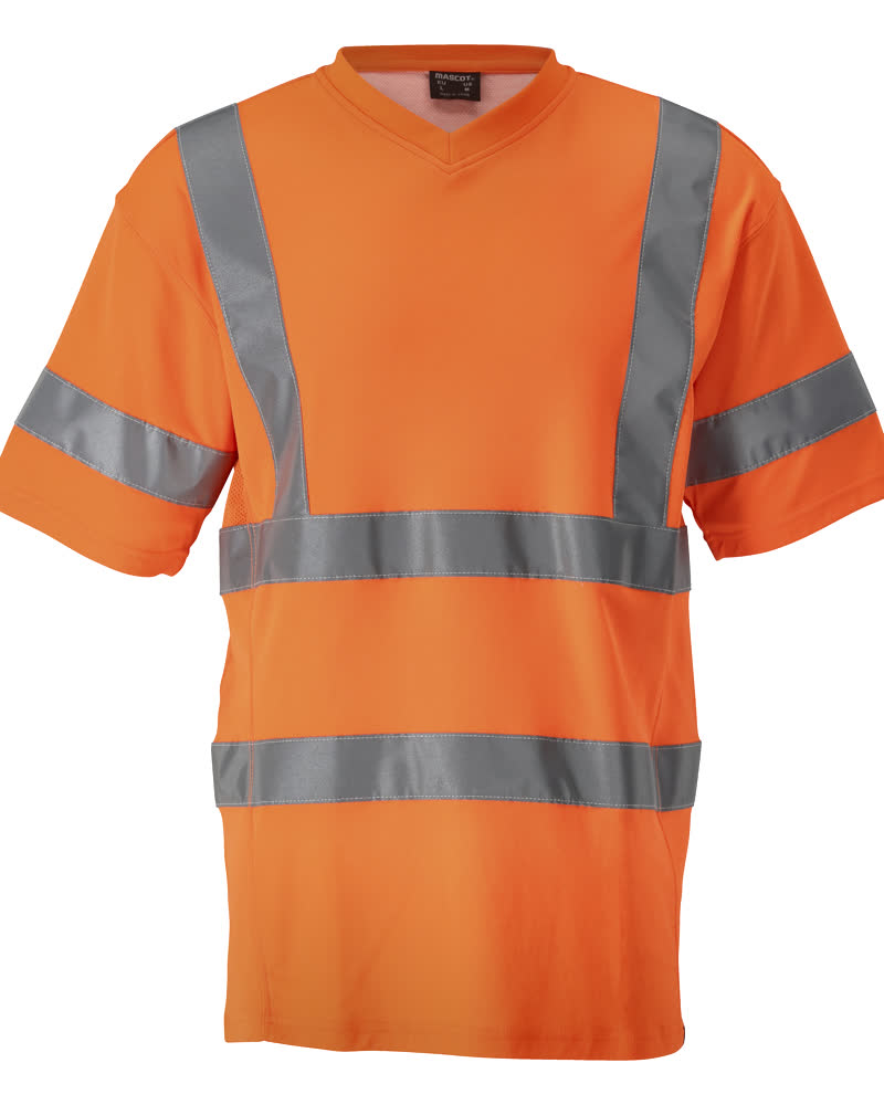MASCOT® SAFE CLASSIC T-Shirt, fluoreszierend in Hi-Vis Orange mit waagerechten und senkrechten elastischen Reflexstreifen, moderner Passform und V-Ausschnitt
