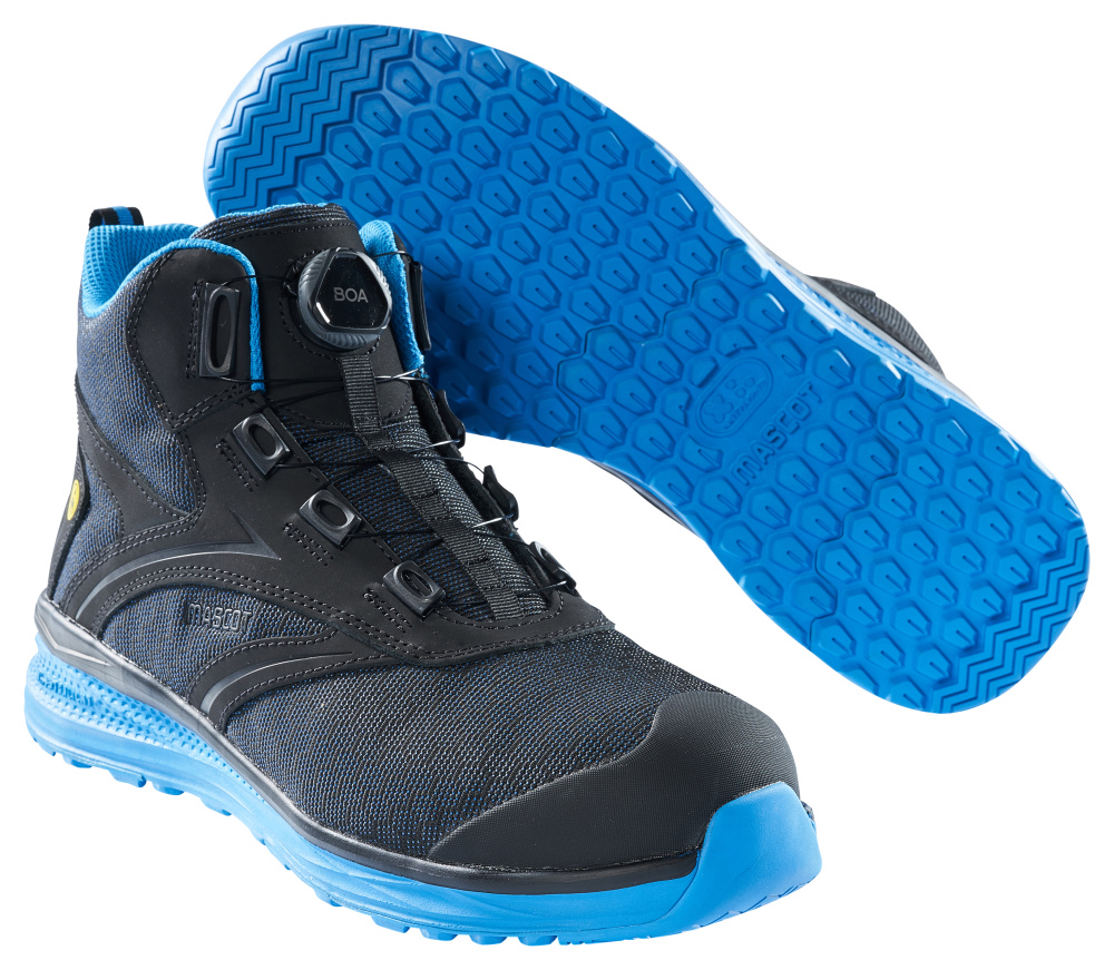 MASCOT® FOOTWEAR CARBON Sicherheitsstiefel in Schwarz/Kornblau, Sicherheitsschuhe mit BOA-Verschluss und rutschhemmender blauer Sohle, Größe 36