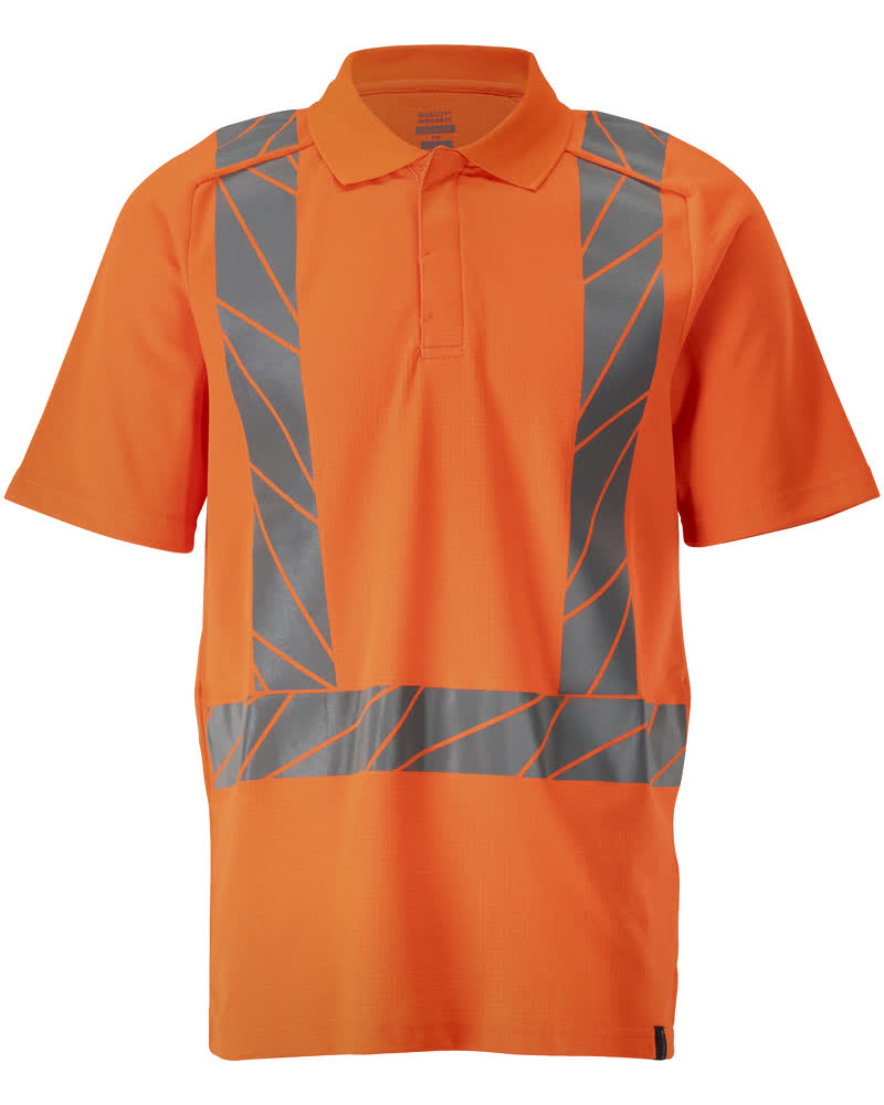 MASCOT® ACCELERATE SAFE Polo-Shirt in fluoreszierendem Hi-Vis Orange mit vertikalen und horizontalen elastischen Reflexstreifen, moderne Passform für Warnschutz im Beruf