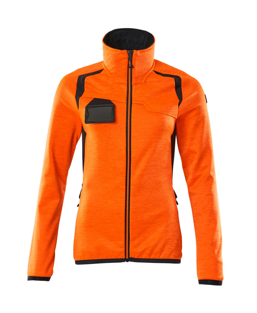 MASCOT® ACCELERATE SAFE Fleecejacke in Damenpassform, zweifarbige Warnschutzbekleidung Hi-Vis Gelb/Schwarz in Größe 2XL, Vorderansicht mit Reißverschluss und Brusttasche