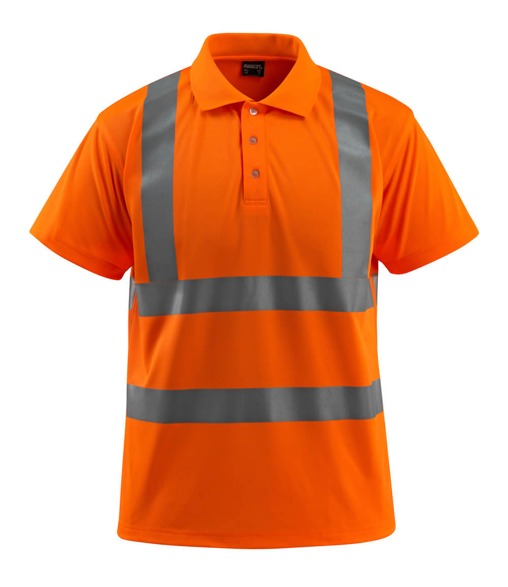 MASCOT® Bowen SAFE LIGHT Polo-Shirt in fluoreszierendem Orange mit vertikalen und horizontalen Reflexstreifen, kurzen Ärmeln und Rippkragen für erhöhte Sichtbarkeit bei der Arbeit