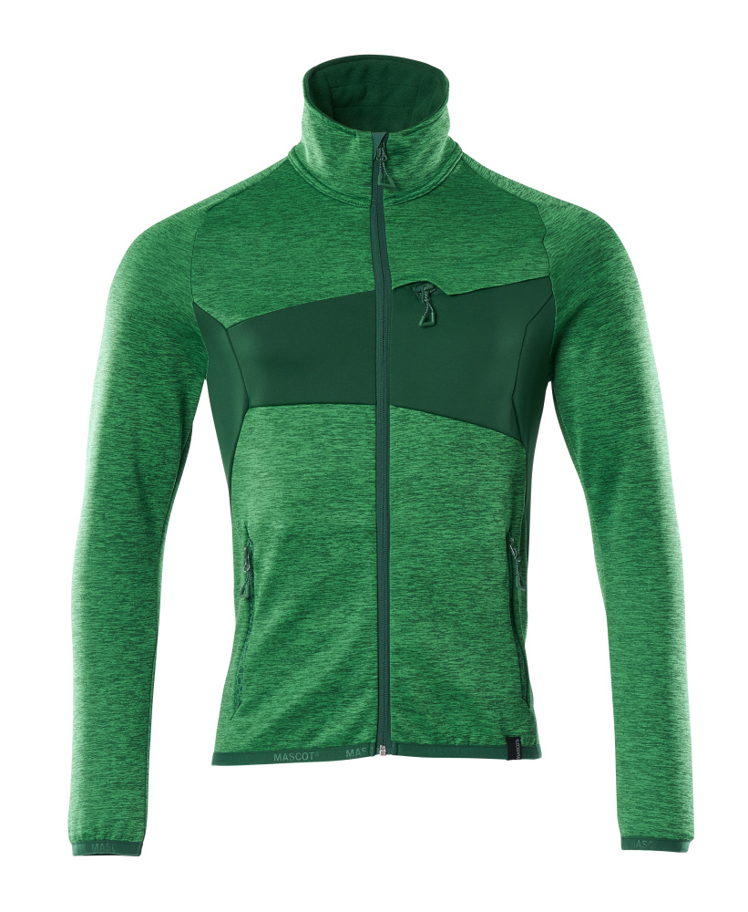 Frontansicht der MASCOT® ACCELERATE Fleecejacke in Grasgrün/Grün, Arbeitsbekleidung in Größe 2XL mit durchgehendem Reißverschluss und Stehkragen