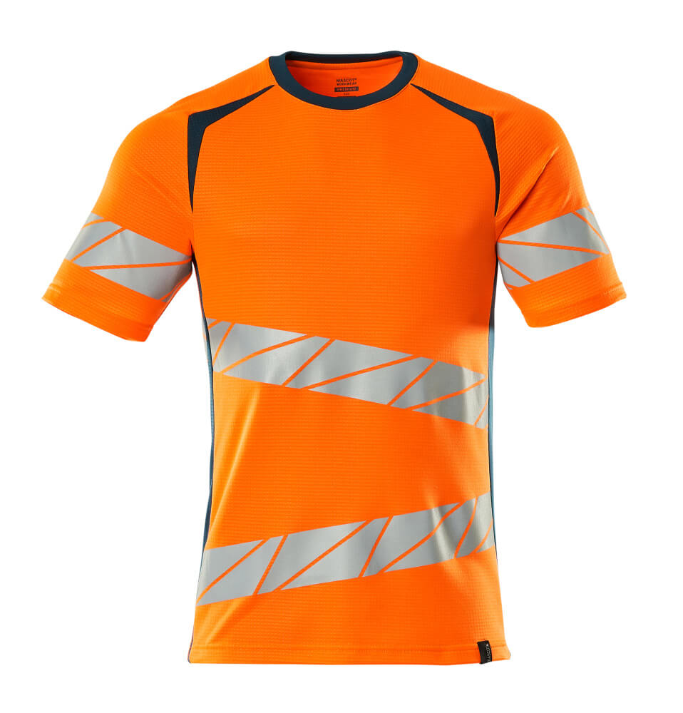 MASCOT® ACCELERATE SAFE T-Shirt in fluoreszierendem Orange mit schwarzen Einsätzen und diagonalen Reflexstreifen, zweifarbige Warnschutzbekleidung für hohe Sichtbarkeit