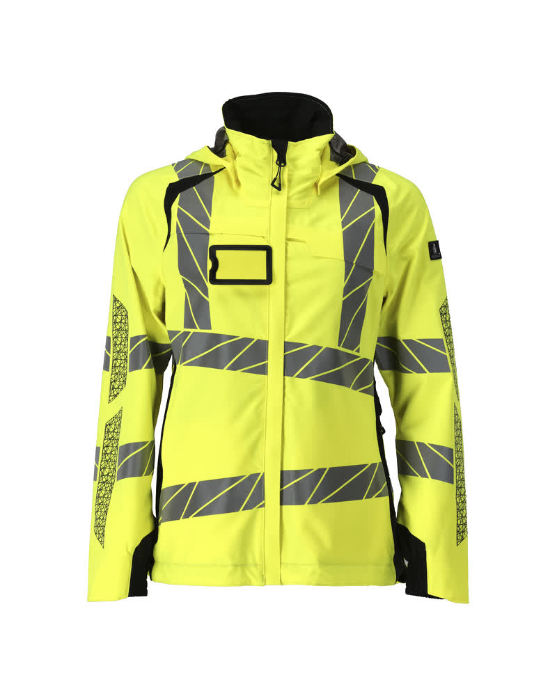 Frontansicht der MASCOT® ACCELERATE SAFE Winterjacke in Damenpassform, Hi-vis Gelb/Schwarz, Größe 2XL, mit reflektierenden Streifen für optimale Sichtbarkeit im Winter
