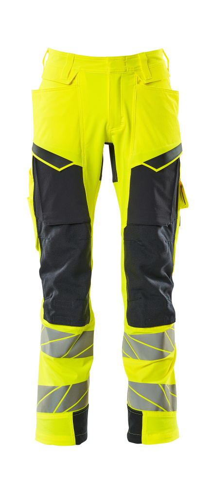 Vordere Ansicht der MASCOT® ACCELERATE SAFE Hose mit Knietaschen, zweifarbige Warnschutzhose in Hi-vis Gelb/Schwarzblau mit Reflexstreifen, Größe 76C46