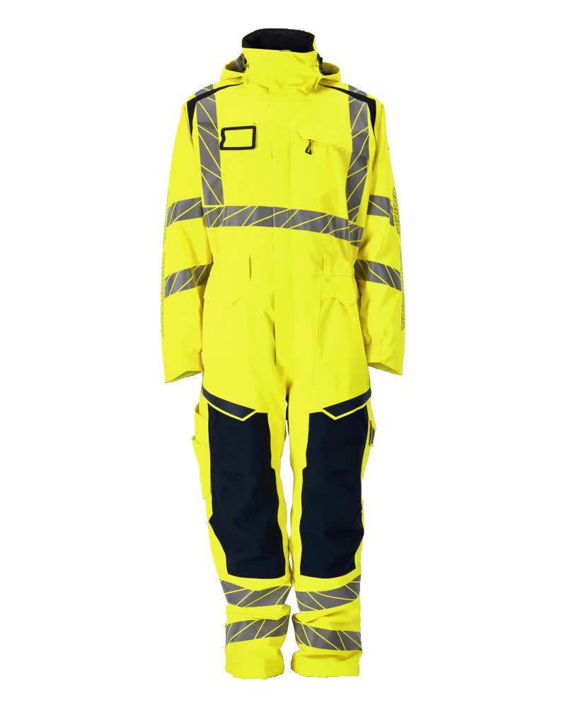 MASCOT® ACCELERATE SAFE Winteroverall in Hi-Vis Gelb/Schwarzblau, zweifarbige Winterwarnschutzbekleidung mit Reflexstreifen, Größe 2XL, Vorderansicht