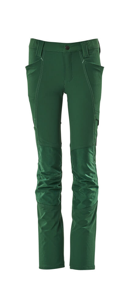 Grüne MASCOT® ACCELERATE Kinder-Arbeitshose mit wasserabweisendem 4-Wege-Stretch, ergonomischen Beinen, CORDURA®-Knieverstärkung und praktischen Taschen von vorn sichtbar