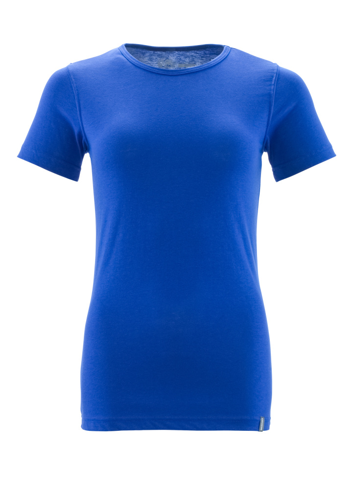 Blaues Damen T-Shirt mit kurzen Ärmeln und Rundhalsausschnitt, taillierte Passform auf weißem Hintergrund