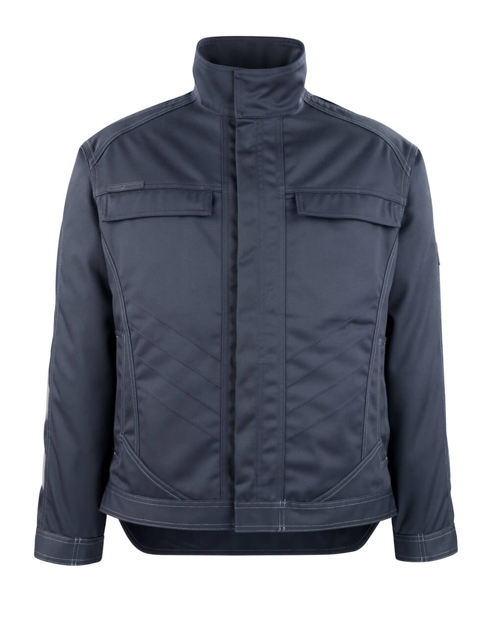 MASCOT® Mainz UNIQUE Arbeitsjacke in Schwarzblau, vorne mit Stehkragen, verdecktem Reißverschluss, Brusttaschen mit Patte und ergonomisch geschnittenen Ärmeln aus TENCEL®-Mischgewebe
