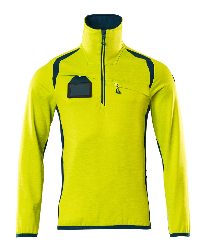 Neon-gelber, langärmliger Workwear-Pullover mit halbem Reißverschluss, Stehkragen, dunkelblauen Einsätzen und Brusttasche mit transparenter Ausweishülle