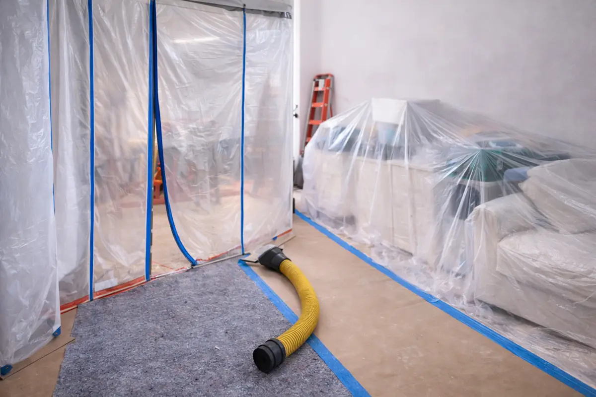 Wohnraum mit Staubschutztür aus transparenter Folie, abgedeckten Möbeln und gelbem Absaugschlauch für staubfreie Renovierung