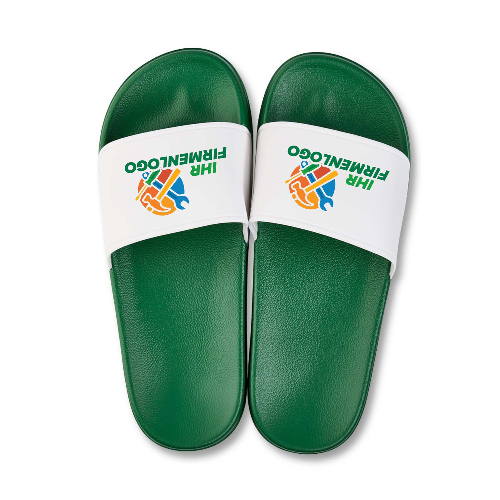 Grüne Badeschlappen mit weißer Riemenfläche für Kundenlogo